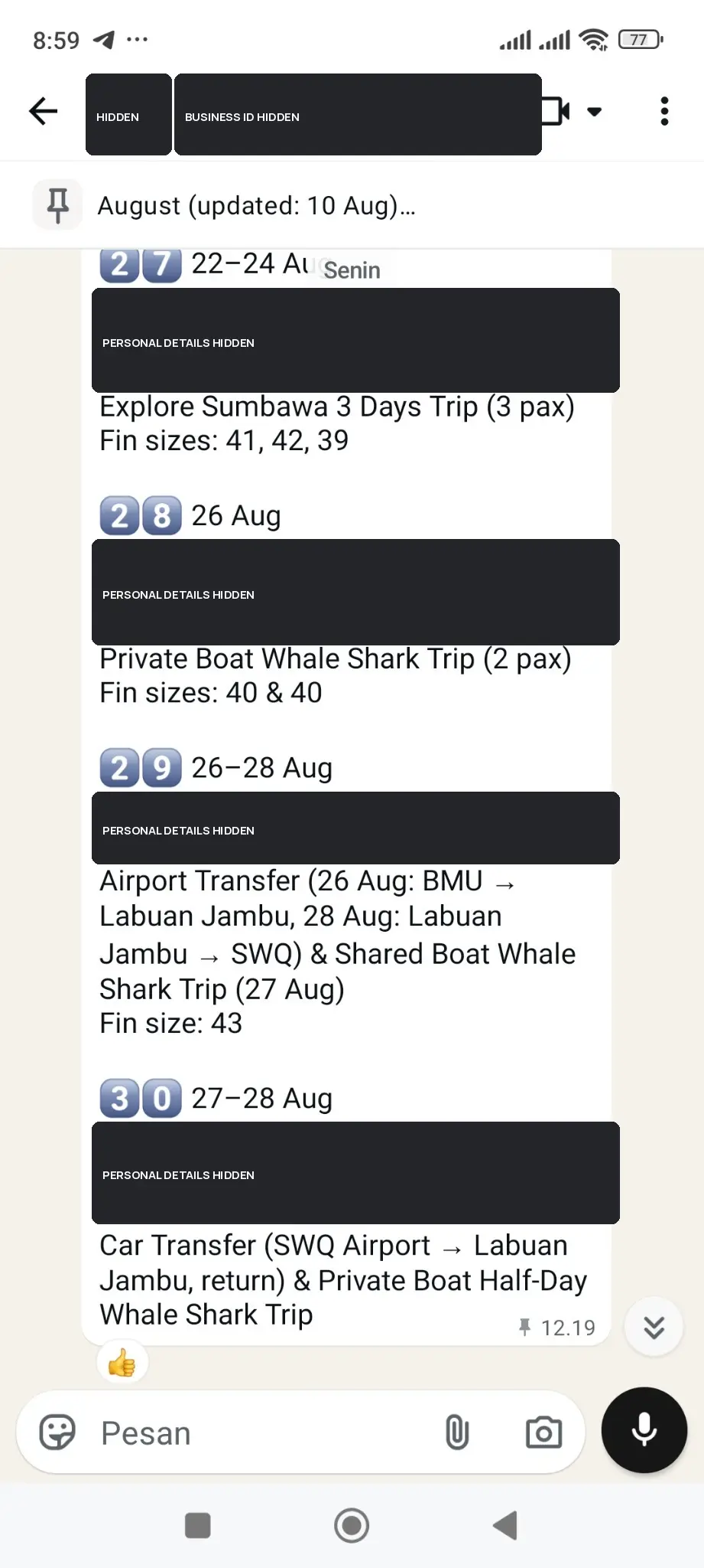Redacted August booking records showing ongoing whale shark tour activity