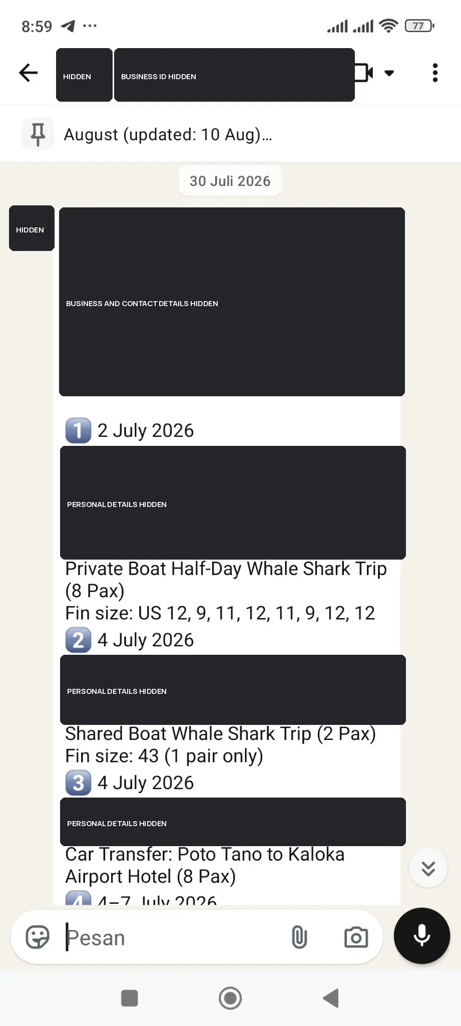 Redacted July booking records showing real whale shark tour activity