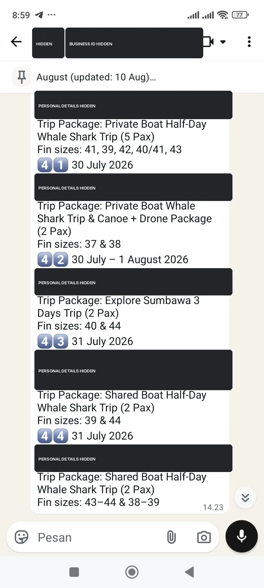 Redacted late-July booking records showing whale shark tour activity